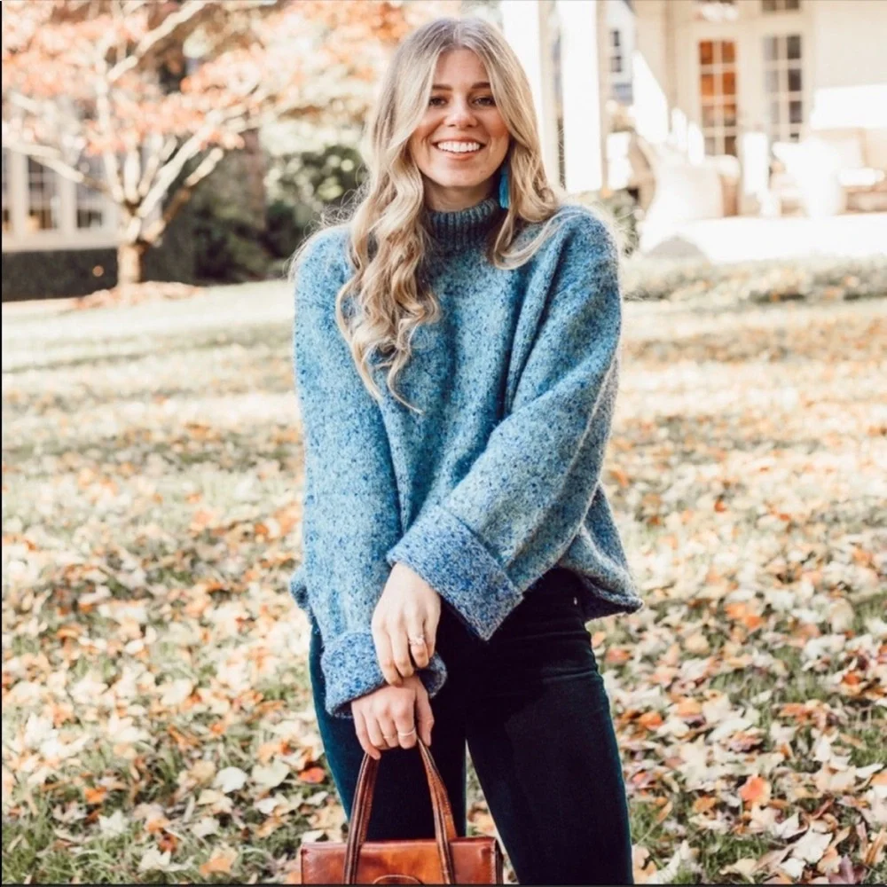 Anthropologie Moth Sparkle Knit Tinsel Mock Neck Turtleneck Sweater Blue Small - Picture 2 of 7